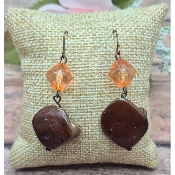 Artisan Made Peach & Brown Beaded Necklace & Dangle Earrings Set Dyed Abalone - Picture 8 of 9